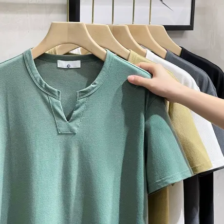 V领t恤男士短袖2023夏季新款潮流百搭宽松男装半袖体恤上衣服潮牌商品大图