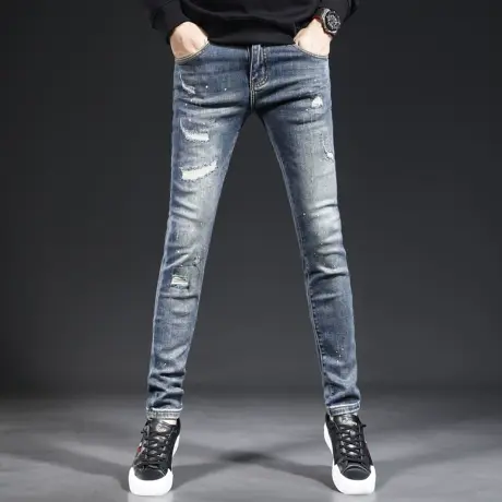 春秋季破洞牛仔裤男修身小脚2023新款潮流蓝色痞帅弹力男士裤子男商品大图