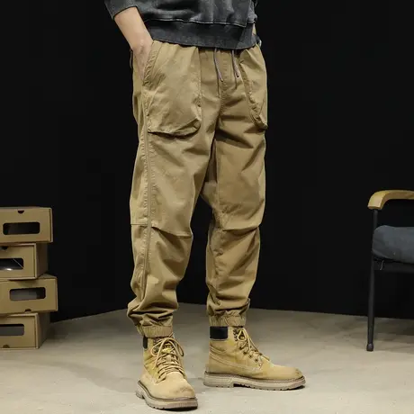 卡其色潮牌工装裤男2024新款春秋宽松哈伦裤子男士弹力束脚休闲裤商品大图