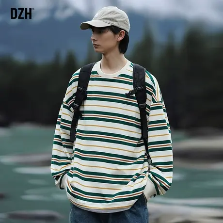 男生撞色条纹t恤男长袖男款潮牌秋季圆领上衣体恤衫男装2023新款商品大图