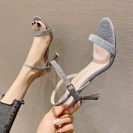 2024年新款夏季百搭韩版一字带露趾凉鞋女细跟性感气质配裙高跟鞋图片