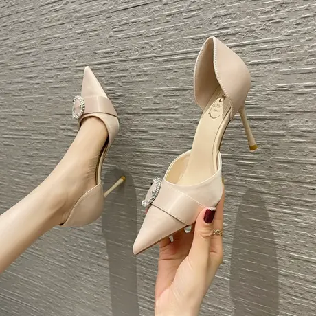 2024年夏季新款法式水钻气质尖头侧空一脚蹬细跟高跟鞋小众设计感商品大图