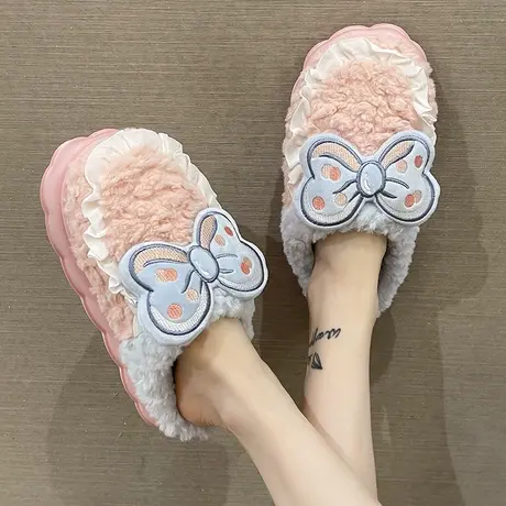 毛绒棉拖鞋女秋冬季新款可爱蝴蝶结拼色室内居家保暖厚底包头拖鞋商品大图