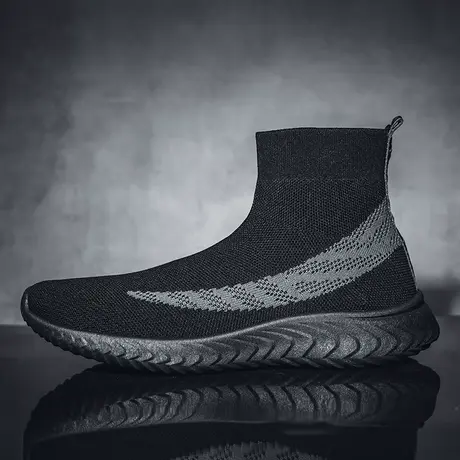 2024夏季透气新款男鞋韩版潮流运动休闲黑色高帮飞织弹力袜子潮鞋图片