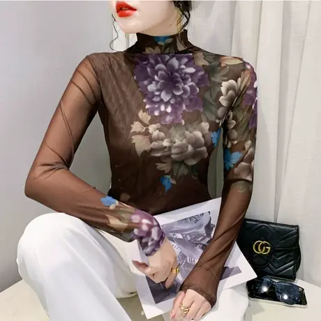 2024秋冬新款T恤网纱植物染印花时尚气质上衣女内塔长袖打底衫潮商品大图