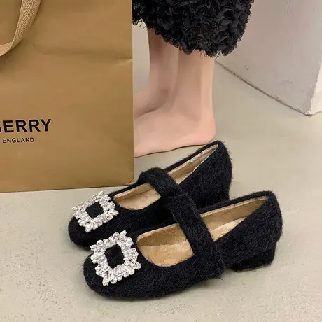 法式粗跟玛丽珍鞋女2023秋冬新款小香风水钻加绒配裙子浅口毛毛鞋商品大图