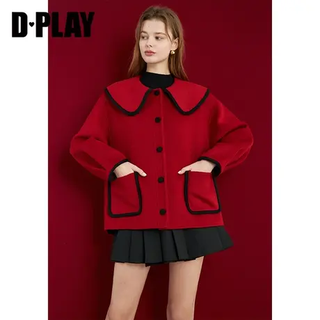 DPLAY冬复古风减龄娃娃领红色撞色小个子短款羊毛双面呢大衣商品大图