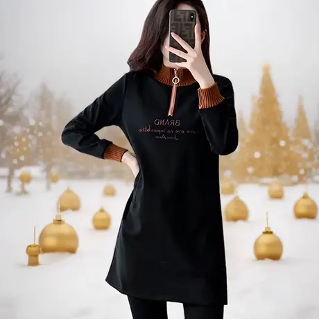 黑色加绒加厚长款卫衣女秋冬新款上衣显瘦遮屁股洋气中长款打底衫商品大图