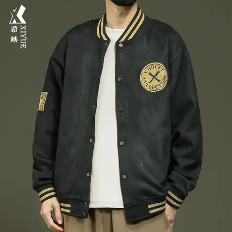 希越美式麂皮绒棒球服男冬季宽松大码男士外套2024春秋款潮牌夹克商品大图