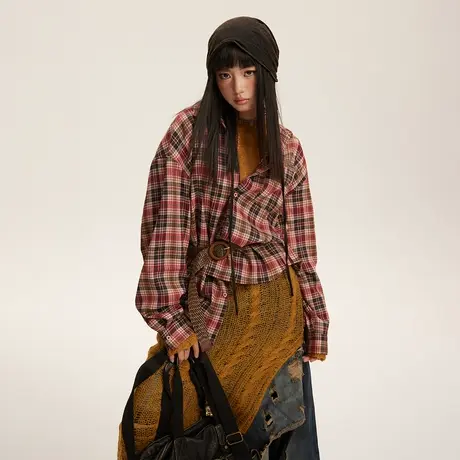 美式复古红色格子衬衫女春秋2024年新款上衣潮牌宽松oversize衬衣商品大图