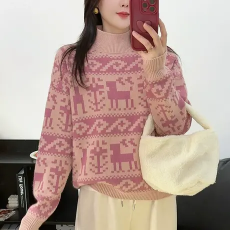 慵懒风提花洋气毛衣女加厚宽松外穿秋冬新款内搭半高领针织打底衫图片