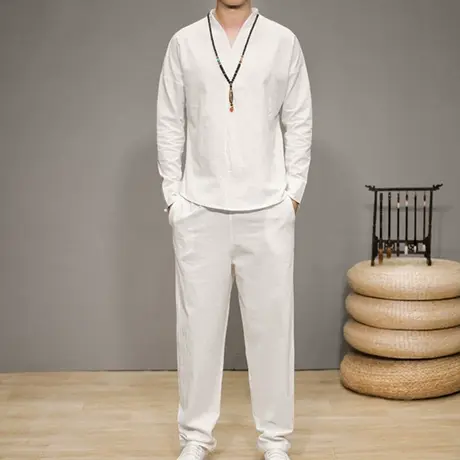 中国风套装春夏季中国风男两件套复古棉麻长袖长裤一套衣服民族风商品大图