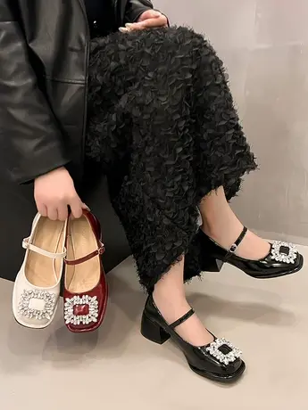 法式复古高跟红色小皮鞋玛丽珍鞋女2024春粗跟单鞋水钻婚鞋新娘鞋商品大图