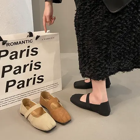 法式单鞋女春季2024年新款浅口方头猪鼻子复古平底仙女风玛丽珍鞋商品大图