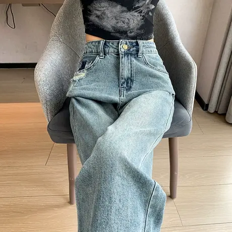 破洞直筒牛仔裤女2024春秋新款高腰直筒宽松梨形身材阔腿拖地裤子商品大图