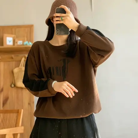 dza 复古拼接圆领套头卫衣女士2024春季新款纯棉休闲宽松长袖上衣图片