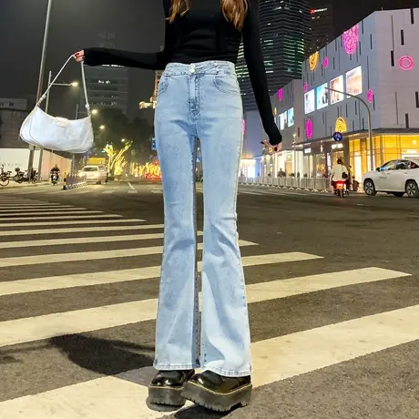 唐狮24春季新款女牛仔裤高腰微喇叭裤修身弹力显瘦潮流韩版时尚商品大图