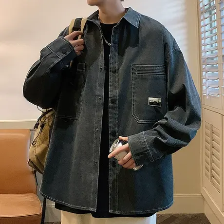 牛仔外套男春秋冬季潮牌翻领工装上衣服宽松复古美式衬衫领夹克男商品大图