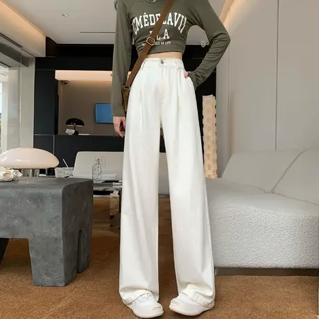 蓝色条纹牛仔裤女春季新款高腰宽松显瘦肌理感梨形身材阔腿拖地裤商品大图