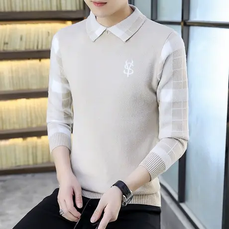 秋冬季针织打底衫男生冬款潮流假两件保暖羊毛衫韩版拼色套头毛衣商品大图