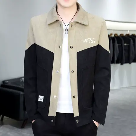 灯芯绒外套男士潮流韩版刺绣拼色褂子上衣春秋季翻领休闲痞帅夹克商品大图