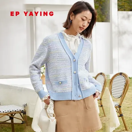 EP雅莹女装 粗花呢小香风羊毛气质v领针织开衫 2023新款9156A商品大图