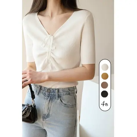 2023年新款针织t恤女打底衫短款上衣内搭短袖设计感小众ins潮商品大图