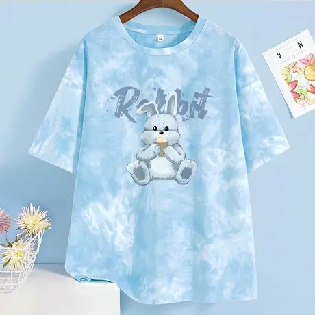 夏季短袖t恤女蓝色扎染2023年新款纯棉女款宽松学生小个子体恤商品大图