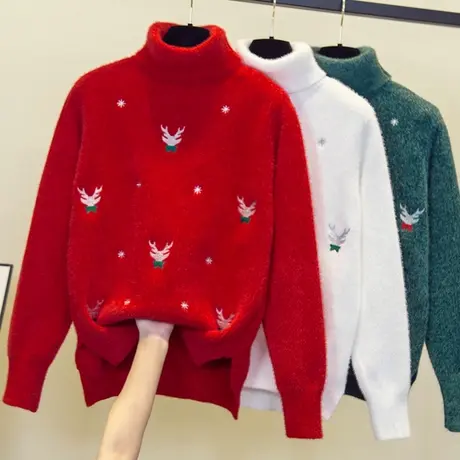 加绒高领水貂绒红色毛衣女加厚打底衫2023秋冬新款针织衫宽松上衣商品大图