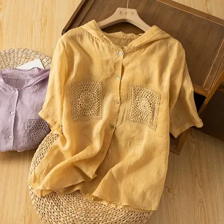 享永子连帽短袖苎麻上衣女文艺复古棉麻T恤宽松显瘦2023夏季新款图片