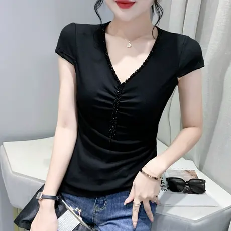 欧货短袖T恤女2023夏季新款时尚钉珠上衣修身百搭小衫性感V领半袖商品大图