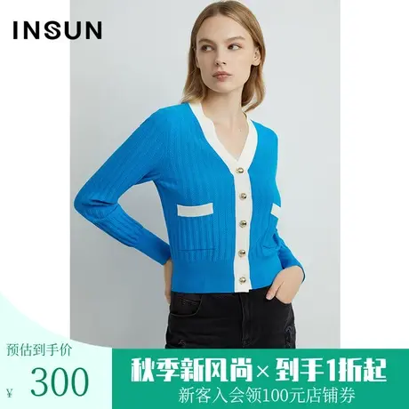 恩裳2023早春新品天然纤维撞色拼接毛衣螺纹针织显瘦开衫商品大图