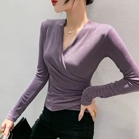 设计感交叉V领上衣女长袖秋季2023新款百搭打底衫性感修身气质T恤图片