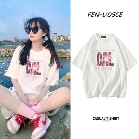 白色t恤女短袖2023年新款夏季设计感小众印花纯棉宽松字母上衣潮商品大图