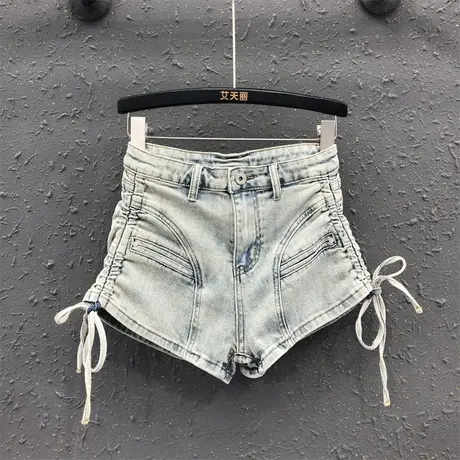 2023夏季新款韩版浅蓝色抽绳设计感修身显瘦牛仔短裤女高腰阔腿裤商品大图