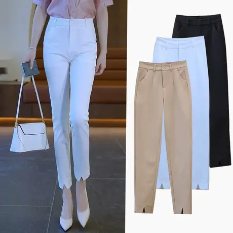 黑色西装裤女小个子高腰修身小脚烟管裤2023春季百搭开叉休闲西裤商品大图