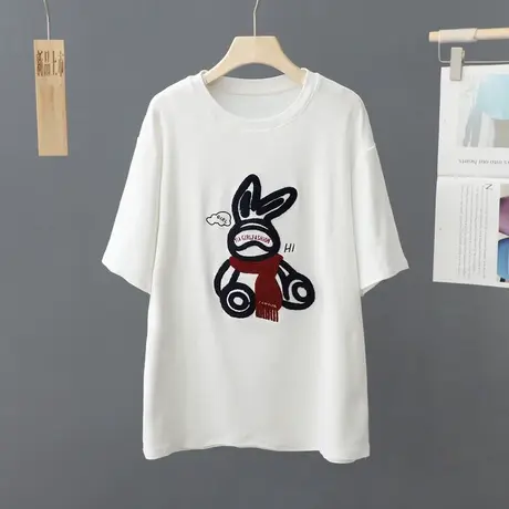 韩版早春新款遮肉显瘦短袖t恤女圆领磨毛棉质上衣中长款打底体恤商品大图