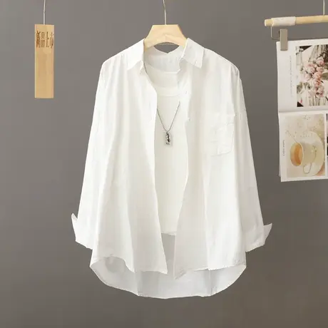 休闲白色衬衫外套女长袖中长款宽松休闲上衣2023新款秋季衬衣开衫商品大图