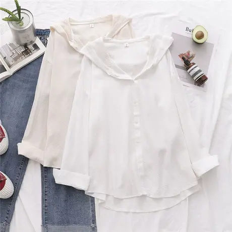 夏季新款文艺小清新长袖连帽防晒衬衫女薄款纯色百搭防晒上衣外套图片