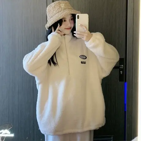 羊羔毛卫衣女2020秋冬宽松韩版ins超火上衣加绒加厚waitmore外套商品大图