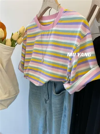 爆白彩虹条！韩国chic撞色条纹短袖T恤女休闲宽松百搭圆领棉tee潮商品大图