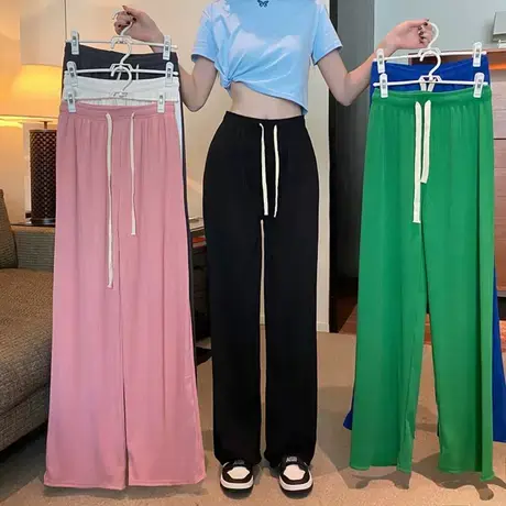 2023春夏新款抽绳阔腿裤直筒蛇骨纹ins休闲百搭显瘦垂感拖地裤潮图片