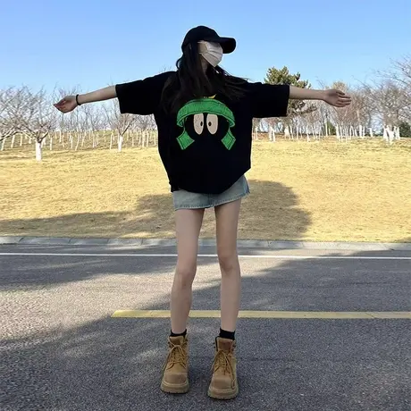 纯棉黑色短袖t恤女小个子夏季美式复古设计感小众ins宽松半袖上衣图片