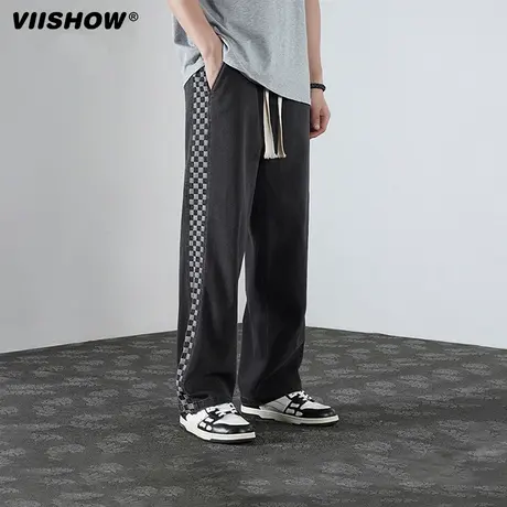 VIISHOW休闲牛仔裤男春秋潮牌侧边棋盘格刺绣水洗宽松直筒长裤子商品大图