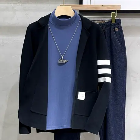 休闲针织衫外套男毛衣外套韩版条纹开衫秋冬季男装帅气潮流小西装商品大图