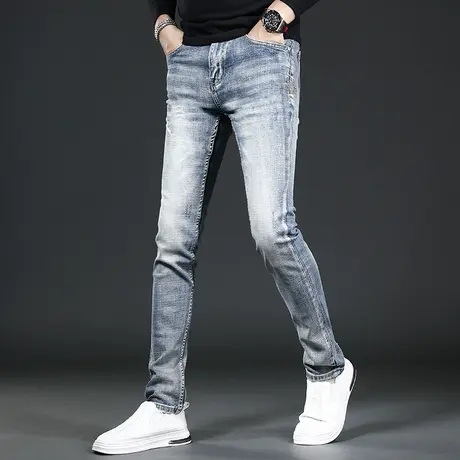 香港破洞牛仔裤男秋冬新款潮牌修身小脚男士高端复古蓝色弹力裤子图片