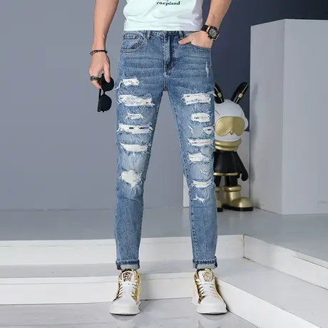 春夏浅蓝破洞小脚牛仔裤男士修身小直筒裤子男休闲韩版百搭牛仔裤图片