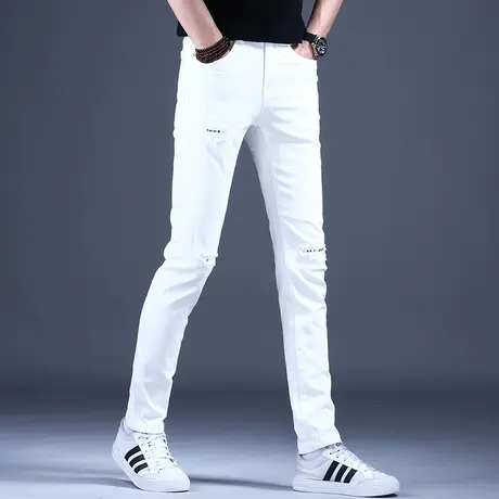 男士破洞白色牛仔裤男款刀割修身小脚裤子男2023秋款高档高档潮流图片