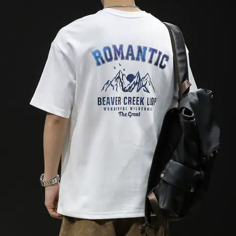 白色短袖t恤男士宽松大码潮牌夏季2023新款男装圆领印花体恤男款商品大图