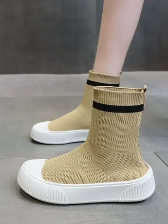 袜子鞋女小众飞织鞋2023年秋季新款百搭厚底高帮女鞋弹力针织短靴商品大图